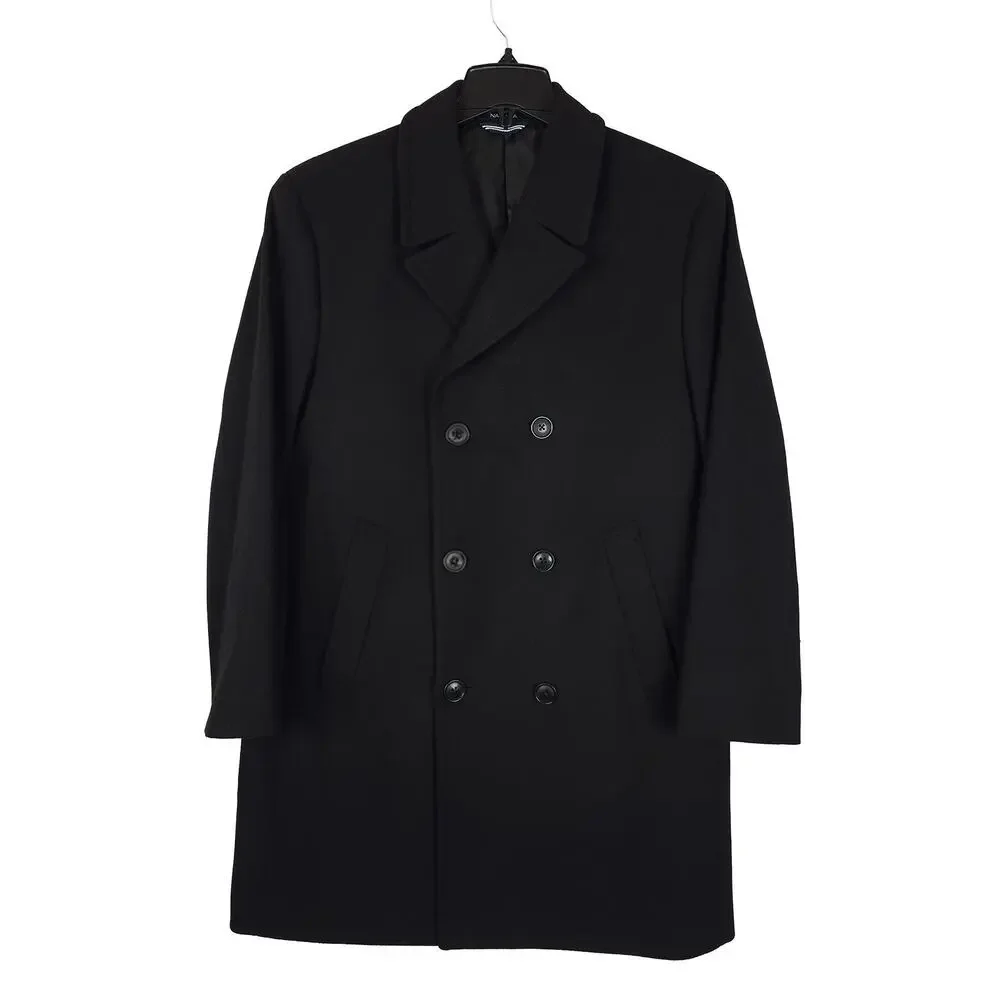 Nautica Mens Classic Fit Overcoat 42R Black Solid Wool Blend Double Breasted